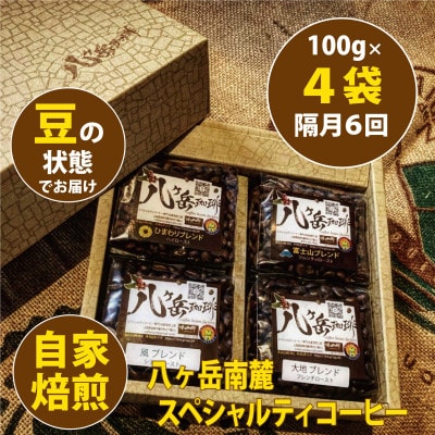 【2ヵ月毎定期便】八ヶ岳南麓自家焙煎珈琲スペシャルティコーヒー100g×4種/浅～深煎り【豆】全6回