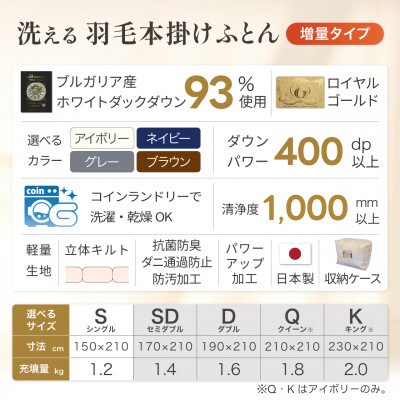 洗える 羽毛布団 シングル 冬用 本掛け 増量1.2kg 無地アイボリー ホワイトダックダウン93%