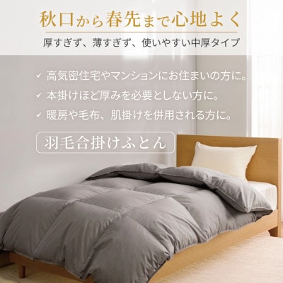 洗える 羽毛布団 合掛け シングル 春秋 中厚 0.8kg 無地 グレー ホワイトダックダウン93%
