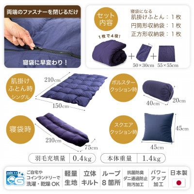4way 肌掛け 羽毛布団 寝袋 シングル 洗える ダウン85% キャンプ車中泊 防災グッズネイビー