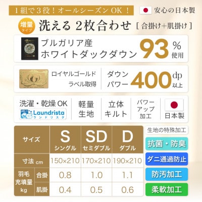 2枚合わせ 羽毛布団 洗える シングル グレー オールシーズン ダック93% 肌掛け 合掛け セット