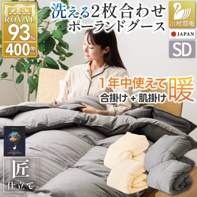 羽毛布団 2枚合わせ セミダブル 洗える グース93% オールシーズン 肌掛け 合掛けセット グレー