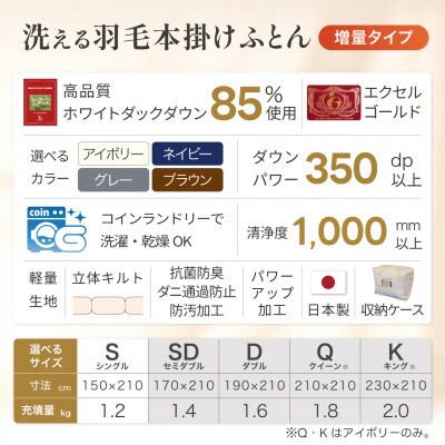洗える 羽毛布団 セミダブル 本掛け 冬用 増量1.4kg ホワイトダウン 85% 無地 アイボリー