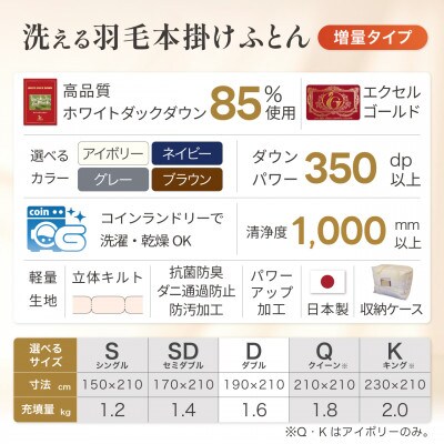洗える 羽毛布団 ダブル 本掛け 冬用 増量 1.6kg ホワイトダウン 85% 無地 アイボリー