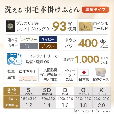 洗える 羽毛布団 ダブル 冬用 本掛け 増量1.6kg 無地 アイボリー ホワイトダックダウン93%