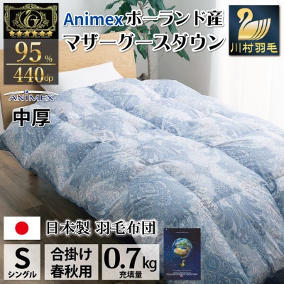 【春秋用】中厚 合掛け 羽毛布団 シングル マザーグースダウン95% ポーランド産 エリーヌ 青