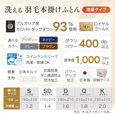 洗える 羽毛布団 セミダブル 冬用 本掛け 増量 1.4kg ブラウン ホワイトダックダウン93%