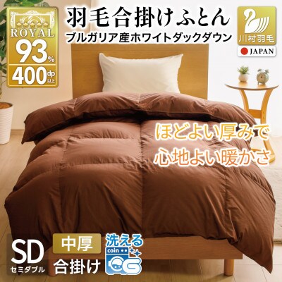 羽毛布団 合掛け セミダブル 洗える 中厚 春秋用 ホワイトダウン93% 1.0kg 無地 ブラウン