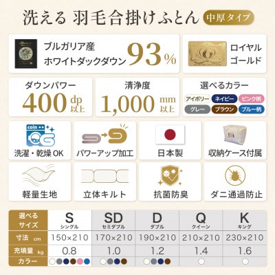 羽毛布団 合掛け シングル 洗える 中厚 春秋用 ホワイトダックダウン93% 0.8kg ブルー