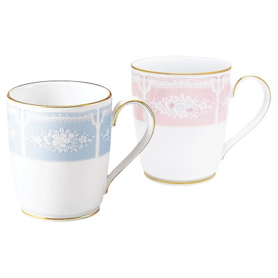 ノリタケ【レースウッドゴールド】マグカップペア(ブルー・ピンク)