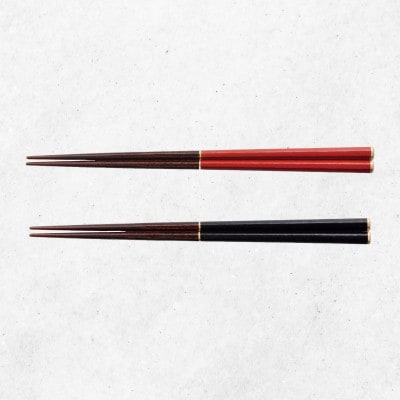 越前漆器　朱・黒　塗分金線八角箸 木×漆 夫婦箱　ペア