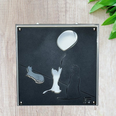 アイアンアートウォールデコ　風船と猫　光源あり　グレー