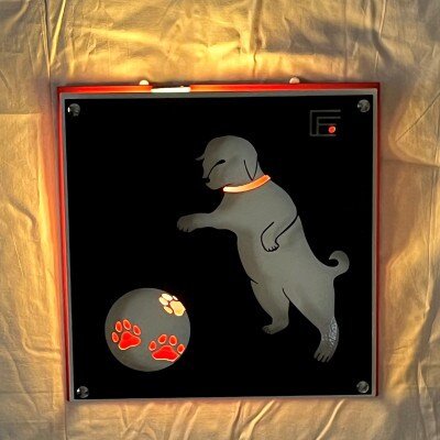 アイアンアートウォールデコ　和風犬　光源あり　赤