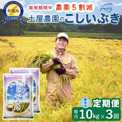 【毎月定期便】佐渡島産こしいぶき 無洗米10Kg 土屋農園 農家直送 栽培期間中農薬5割減 全3回