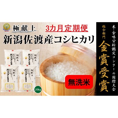 【毎月定期便】《無洗米》新潟県佐渡産コシヒカリ20kg全3回