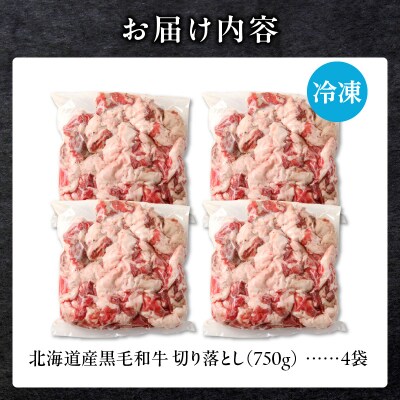 【訳あり】北海道産 黒毛和牛すじ切り落とし　750g×4袋|国産 冷凍 小分け パック 滝川市