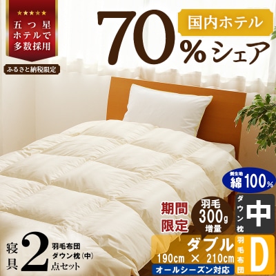 【国内ホテル・旅館70%シェア】寝具2点セット(ダブル)国産 羽毛掛け布団 枕 生地 綿100%