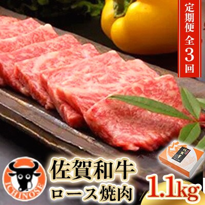【毎月定期便】佐賀和牛 ロース焼肉 1.1kg全3回