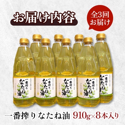 【毎月定期便】山下製油の一番搾りなたね油　910g×8本全3回