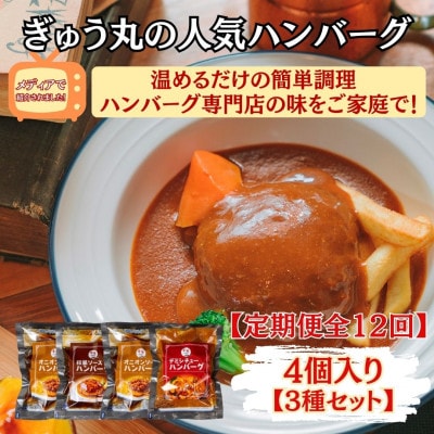 【毎月定期便】ぎゅう丸ハンバーグ3種4個セット全12回