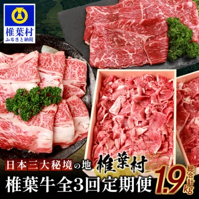 【 定期便 3回 】 総重量 1,900g 牛肉 椎葉牛の スライス肉 & 切り落とし肉 定期便