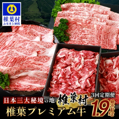 【定期便3回】総重量1,900g 牛肉 椎葉プレミアム牛のスライス肉&切り落とし肉 定期便