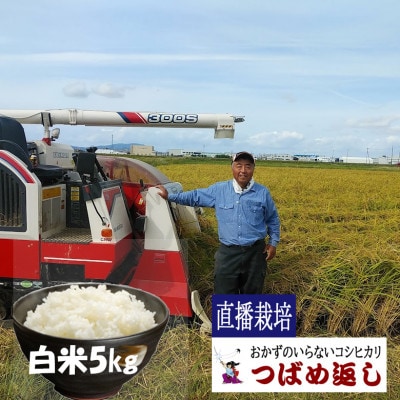 【8年新米】酒かす&直播栽培おかずのいらないコシヒカリ「つばめ返し」白米5kg　新潟県燕市