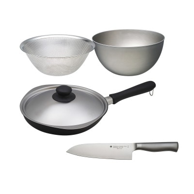 柳宗理 キッチンナイフ18cm&マグマプレート加工フライパン蓋付25cm&ボウル・パンチング23cm