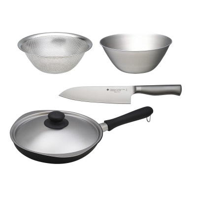 柳宗理 キッチンナイフ18cm&マグマプレート加工フライパン蓋付25cm&ボウル・パンチング19cm