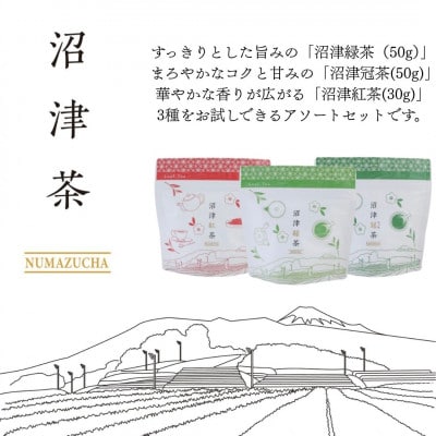 静岡産 沼津茶アソートセット  沼津緑茶(50g)沼津冠茶(50g)沼津紅茶(30g)計130g