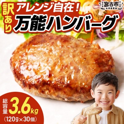 【訳あり】万能ハンバーグ3.6kg(120g×30個)　冷凍のまま10分で焼ける