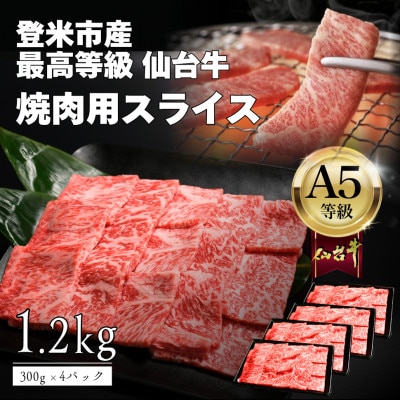 A5仙台牛 焼肉用スライス 1.2kg(300g×4) 登米市産
