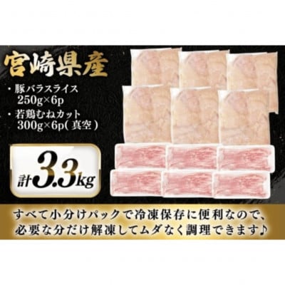 豚肉 鶏肉 詰め合わせ 宮崎県産 豚バラ&若鶏むね 切り身 計3.3kg(日向市)