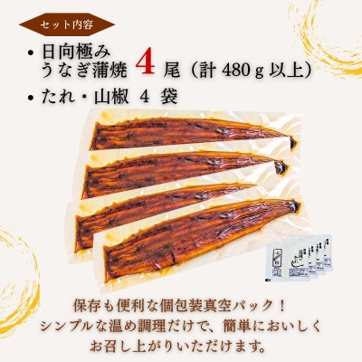 日向極みうなぎ蒲焼4尾(計480g以上)
