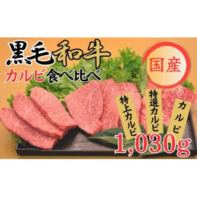 【球磨牛】国産黒毛和牛カルビ食べ比べセット1030g(特選カルビ、特上カルビ、カルビ)