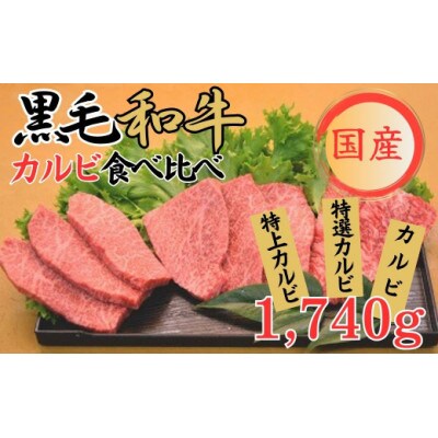 【球磨牛】国産黒毛和牛カルビ食べ比べセット1740g(特選カルビ、特上カルビ、カルビ)