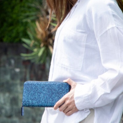 《国産鹿革×阿波藍染》手作り 軽量ラウンド長財布(吹雪柄)　DIYA