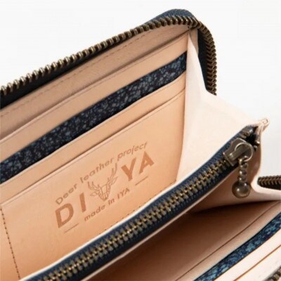 《国産鹿革×阿波藍染》手作り 軽量ラウンド長財布(吹雪柄)　DIYA