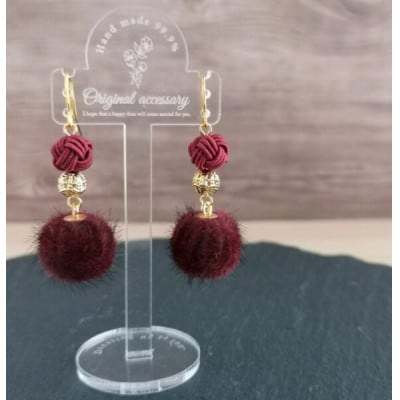 *ワインレッド×ボルドー*水引ピアス/玉結びとフェイクファーのピアス