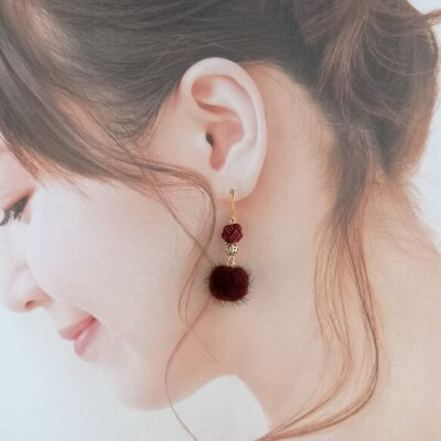 *ワインレッド×ボルドー*水引ピアス/玉結びとフェイクファーのピアス