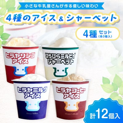 平林乳業 ヒラヤアイス 4種 100ml×12 ミルク・コーヒー・リンゴ・ミルピィ 各3個人気セット