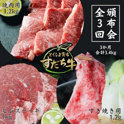 頒布会 隔月配送3回お届けすだち牛 焼き肉用1.2kg&すき焼き用1.2kg&ヒレ1kg合計3.4k