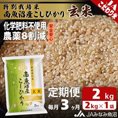 【毎月定期便】特別栽培米南魚沼産こしひかり8割減 玄米 2kg全3回