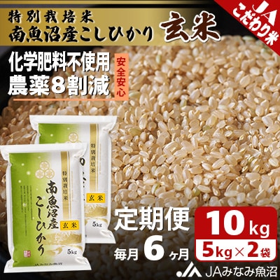 【毎月定期便】特別栽培米南魚沼産こしひかり8割減 玄米 10kg(5kg×2)全6回