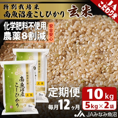 【毎月定期便】特別栽培米南魚沼産こしひかり8割減 玄米 10kg(5kg×2)全12回