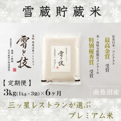 【発送月固定定期便】10月より発送予定 雪蔵貯蔵米 南魚沼産コシヒカリ 雪と技 3kg全6回