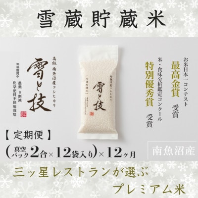 【発送月固定定期便】10月より発送予定 雪蔵貯蔵 南魚沼産コシヒカリ 雪と技2合×12袋全12回