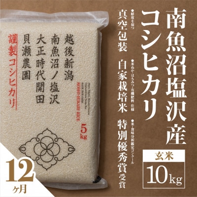 【毎月定期便】南魚沼塩沢産コシヒカリ「貝瀬農園米」玄米10kg(5kg2袋)全12回