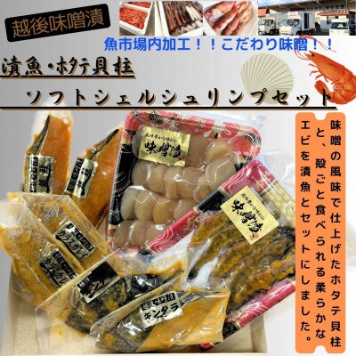 【魚市場直送】越後味噌漬　漬魚+ほたて貝柱+ソフトシェルシュリンプセット