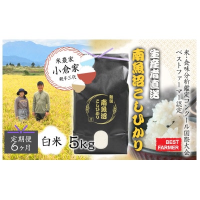 【毎月定期便】南魚沼産こしひかり　白米5kg(5kg×1袋)全6回